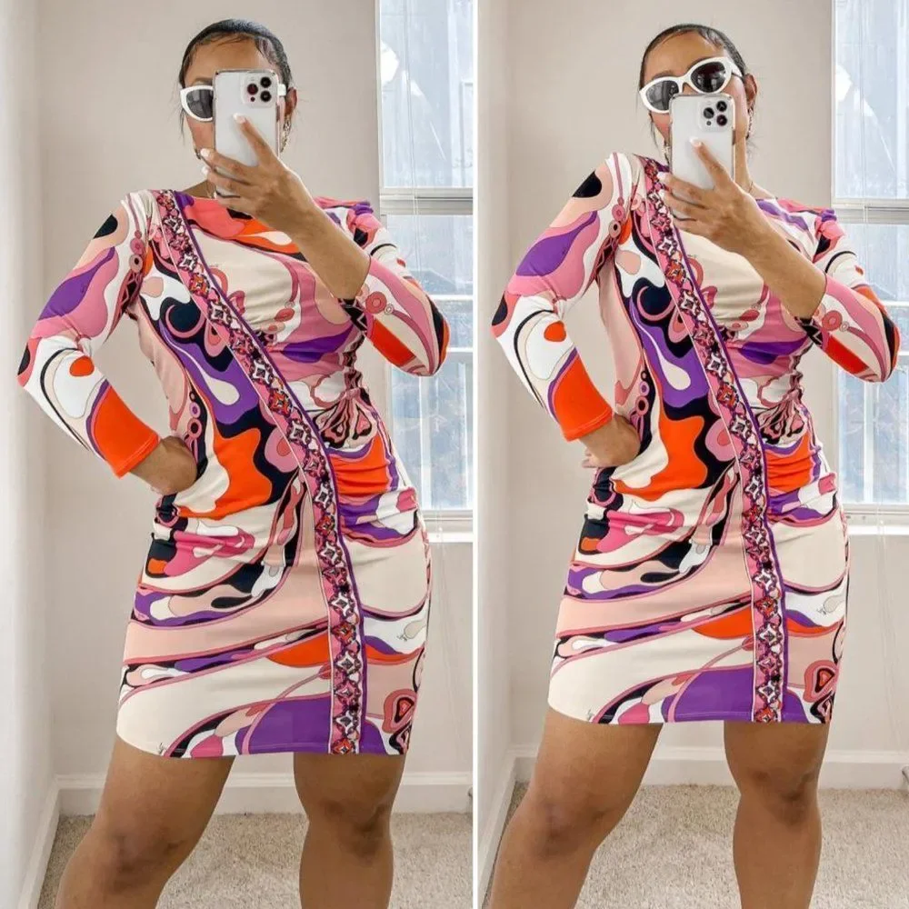EMILIO PUCCI Pink Abstract Print Long Sleeve Knee Length Jersey Dress Size 10 - Picture 1 of 10